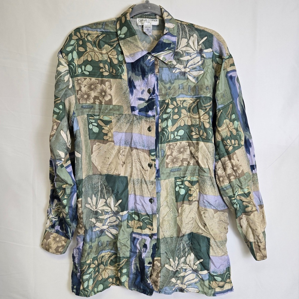 Vintage Oversized Small Green Floral Patchwork Button-Up Silk Shirt
